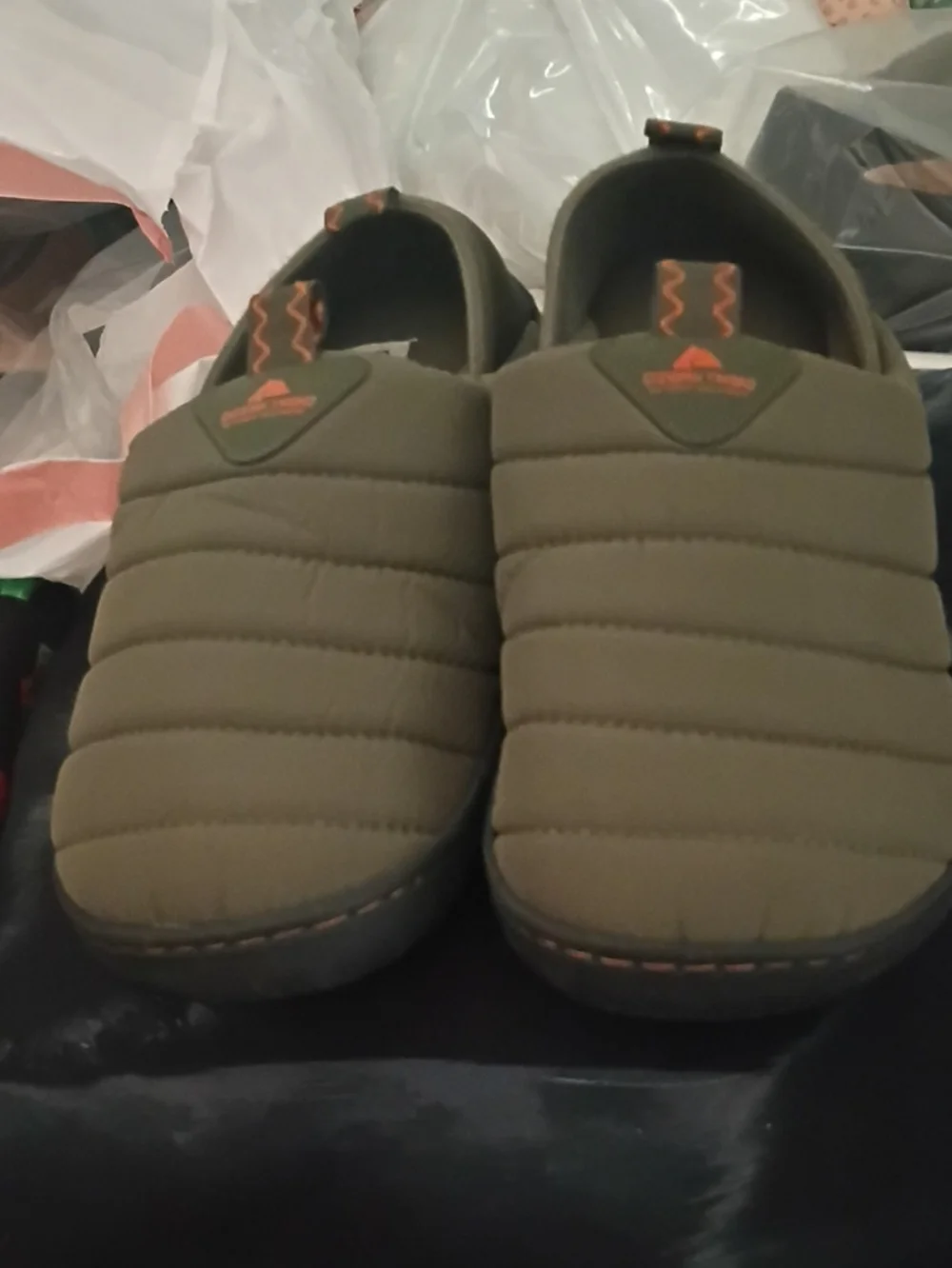 Ozark Trail Olive Green Quilted Slip-On Loafers with Orange Accents